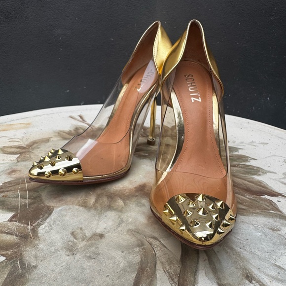 SCHUTZ Gold and Tan Studded Heels - Picture 2 of 4